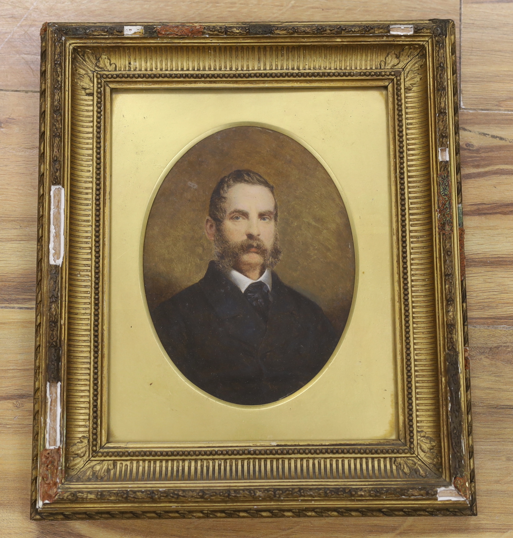 Victorian School, oval oil, Portrait of Sir Martin Crawley, unsigned, partial label and details verso, 19.5 x 14.5cm, gilt framed